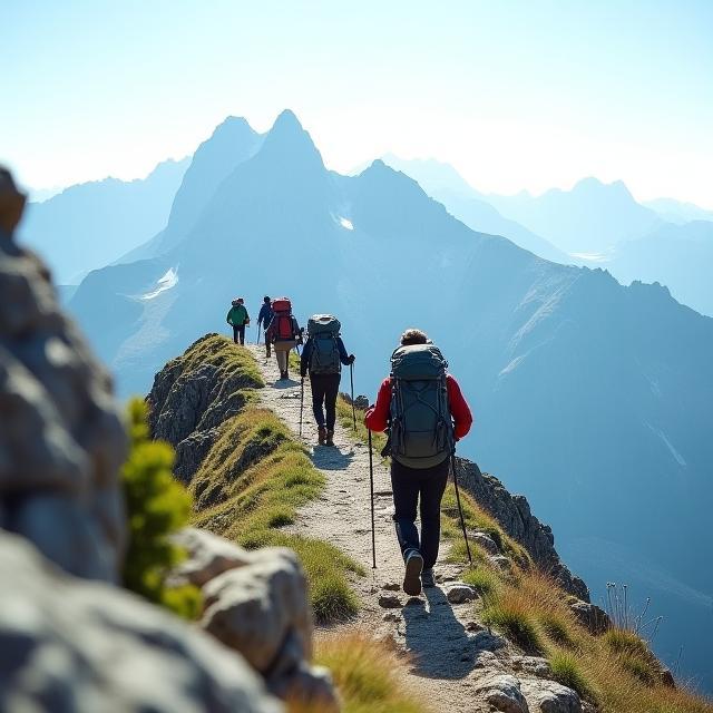 Teilnehmer wandern über Alpenkamm